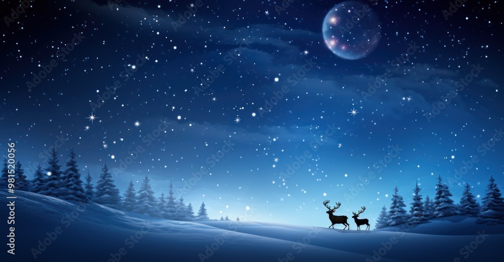 Naklejka premium Santa Claus, expansive winter sky, gracefully guiding his sleigh pulled by six reindeer