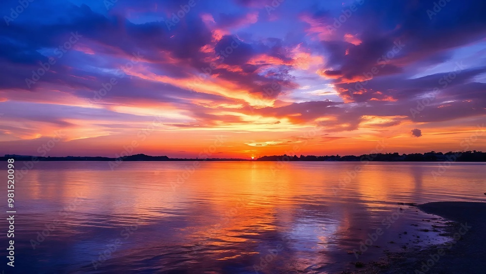 A vibrant sunset paints the sky with colors over the ocean, with fluffy clouds adding depth to the scene, Generative AI. A vibrant sunset paints the sky with colors over the ocean, with fluffy clouds adding depth to the scene, Generative AI.