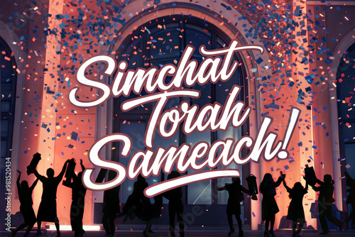 Silhouettes Celebrating Simchat Torah with Scrolls and Confetti, festive nighttime scene photo