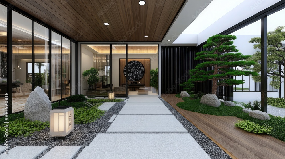 Obraz premium A modern courtyard features large stones, lush greenery, a striking oversized tree, and soft lantern lighting, evoking a peaceful ambiance and connection to nature