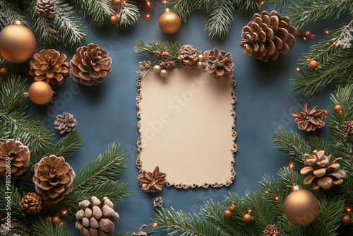 Beautiful Christmas and New Year card. Holiday Christmas flat background top view. Branches of a fir tree with cones and Christmas balls. Ai generative.