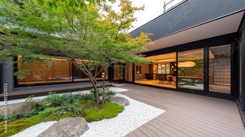 A modern courtyard features large stones, lush greenery, a striking oversized tree, and soft lantern lighting, evoking a peaceful ambiance and connection to nature photo