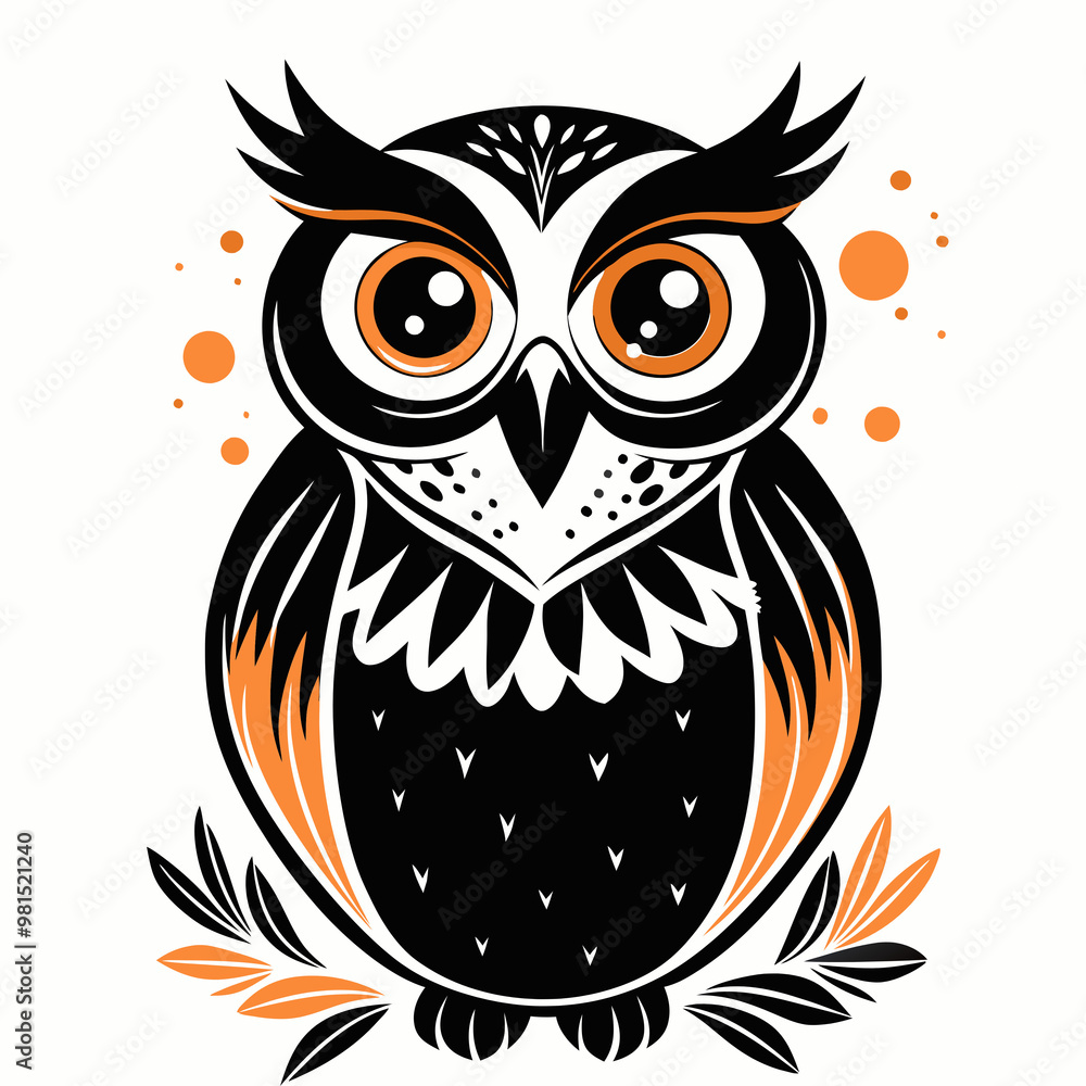 Fototapeta premium Stylized owl illustration in black and orange, modern vector design, Halloween theme, with copy space
