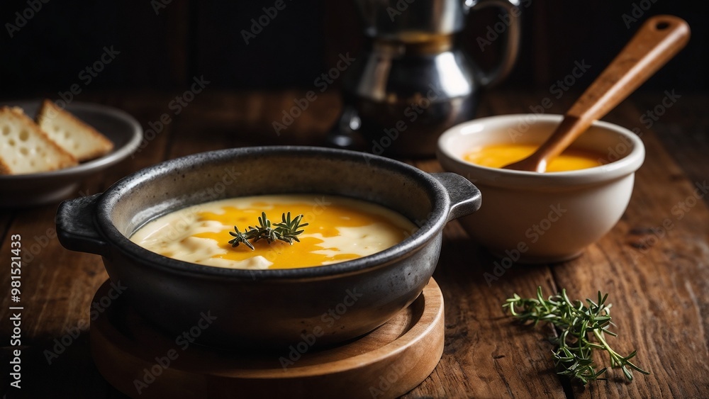 Delicious cheese fondue with herbs served in a rustic setting Delicious cheese fondue with herbs served in a rustic setting