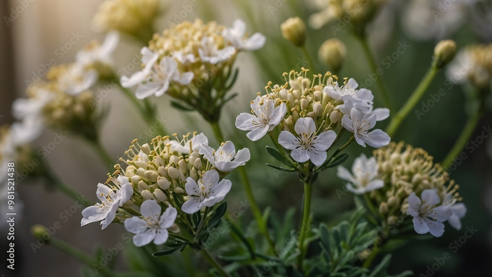 Delicate rue flowers in full bloom with soft sunlight in a natural setting Delicate rue flowers in full bloom with soft sunlight in a natural setting
