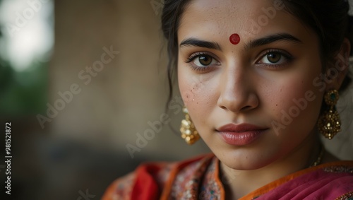 Portrait of a young woman in a colorful traditional Indian sari.