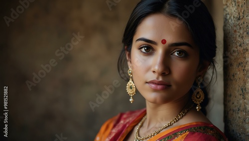 Portrait of a young woman in a colorful traditional Indian sari.