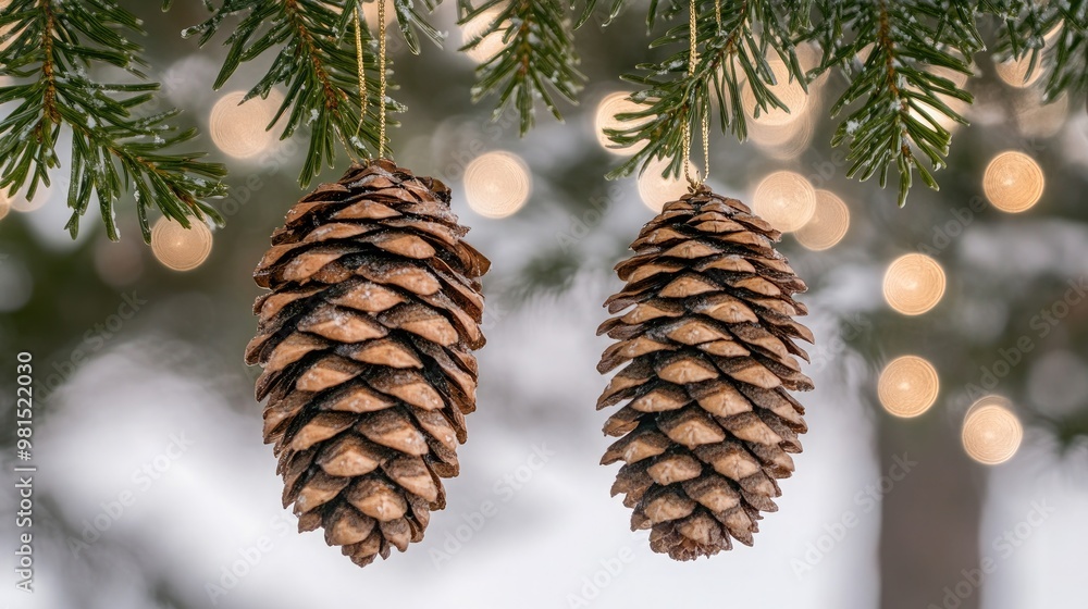 Pine cones dusted with snow suspend from evergreen branches, offering a striking winter display. The backdrop features gentle bokeh lights that enhance the seasonal atmosphere Pine cones dusted with snow suspend from evergreen branches, offering a striking winter display. The backdrop features gentle bokeh lights that enhance the seasonal atmosphere