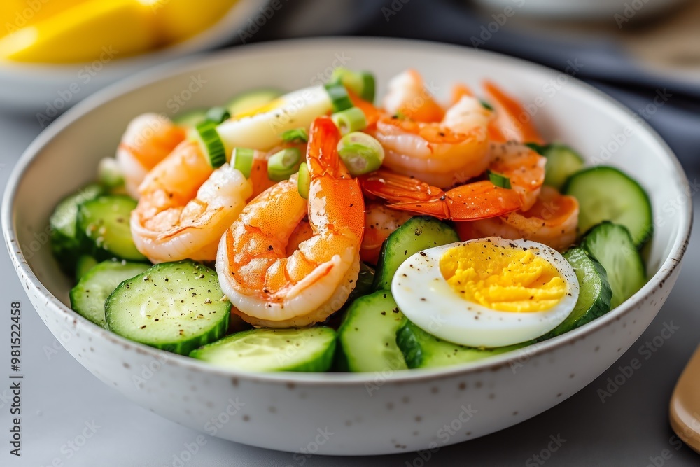 Shrimp salad with egg and cucumber in a white bowl Shrimp salad with egg and cucumber in a white bowl