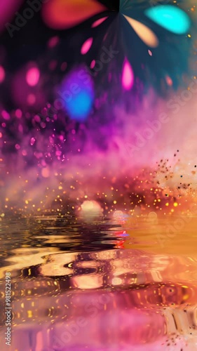 Colorful fantasy particles background reflected in water vertical video