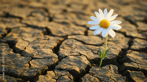 White flower growing crack dry earth image represents tenacity ability overcome challenges. Cracked Earth. Illustration