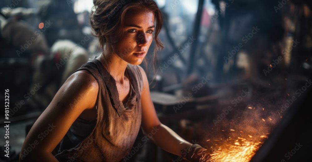 Fototapeta premium Female blacksmith forging metal, sparks flying.