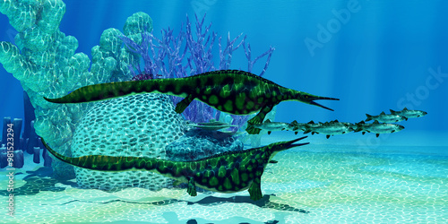Εκτύπωση καμβά Hupehsuchus Marine Reptiles Undersea - Hupehsuchus was a small genus of marine reptile found in China and lived in the Triassic Period