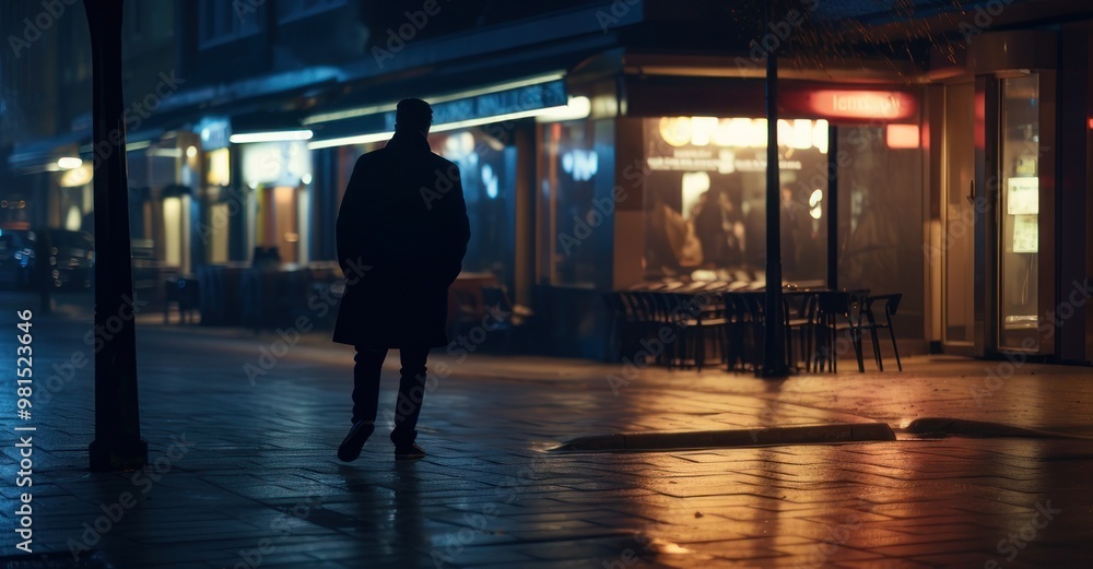 Fototapeta premium Figure waits on street under city lights.