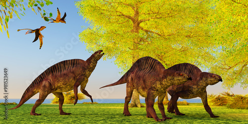 Lotosaurus Dinosaurs - Lotosaurus adentis was a herbivorous poposauroid dinosaur that lived in China during the Triassic Period. Peteinosaurus Pterosaurs fly over three Lotosaurus dinosaurs. photo