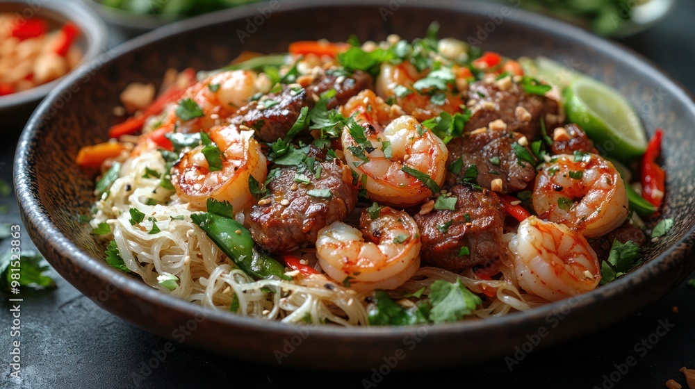 Stir fry chow mien noodles with pork and vegetable, Asian stir fry noodle dish with copy. Stir fry chow mien noodles with pork and vegetable, Asian stir fry noodle dish with copy.