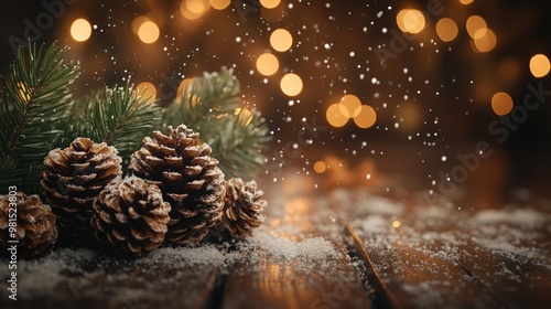 Pine cones and evergreen branches on a wooden table with snow and blurred lights in the background.