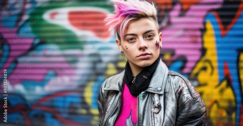 Genderqueer model against graffiti wall. Genderqueer model against graffiti wall.