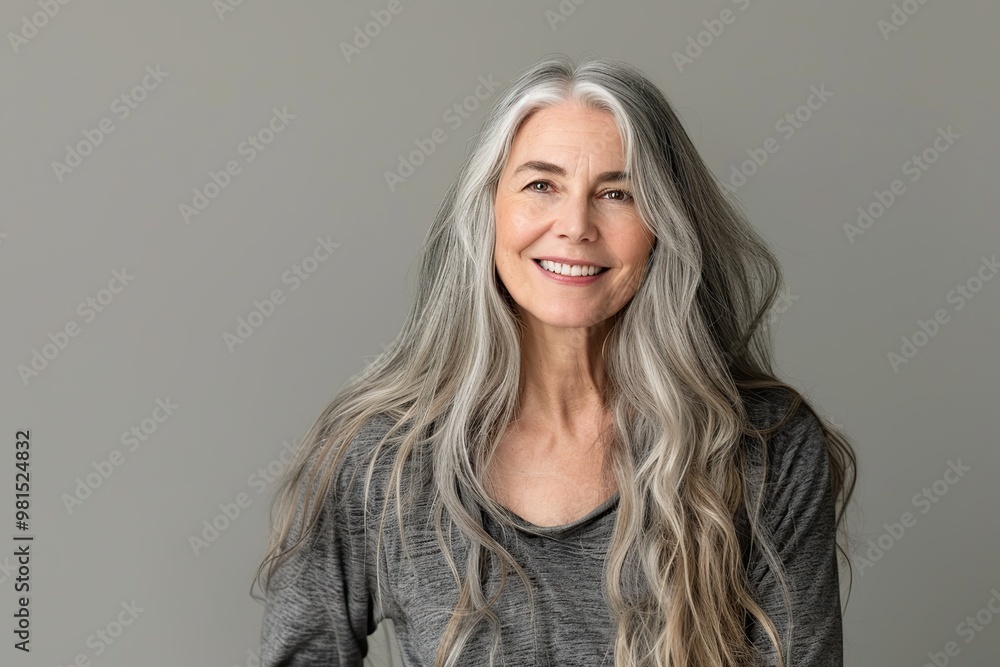 Portrait of attractive mature woman with long gray hair on grey background Portrait of attractive mature woman with long gray hair on grey background