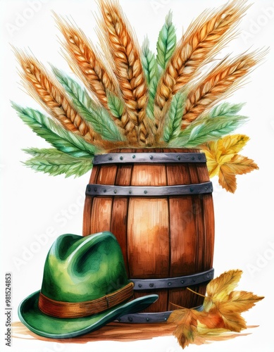 Oktoberfest holiday banner retro things wooden barrel with beer,  ear of wheat and green hat with feather, festival accessories isolated on white. October holiday celebration photo