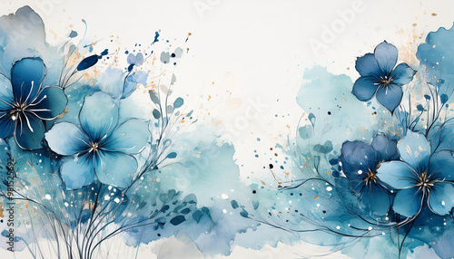 Watercolor painting of cute flowers, splashes of blue color. Beautiful nature. Botanical artwork. photo