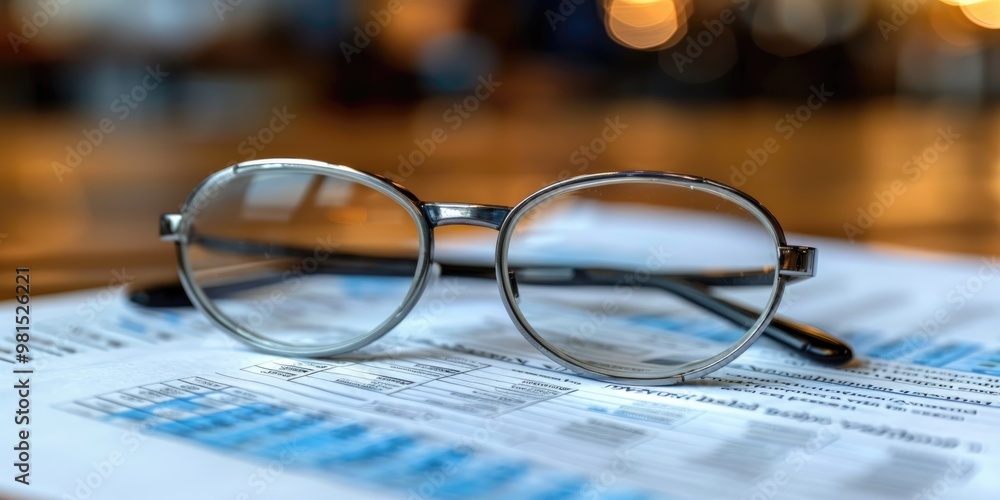 Reading glasses resting on financial documents in a busy workspace capturing productivity Reading glasses resting on financial documents in a busy workspace capturing productivity