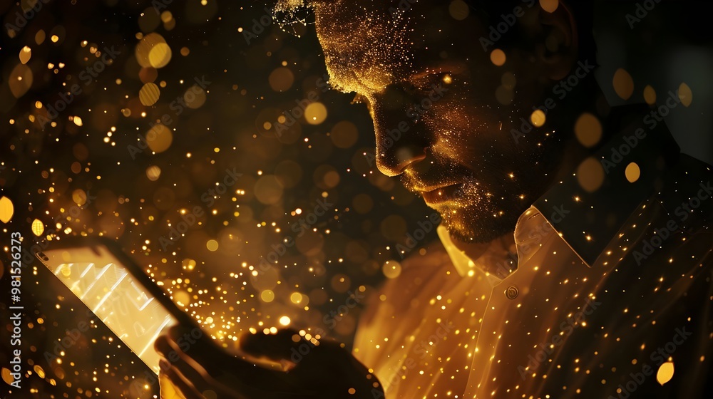 bussinessman / man with a golden dust effect. Digital innovation or fintech concept.golden low poly illustration bussinessman / man with a golden dust effect. Digital innovation or fintech concept.golden low poly illustration