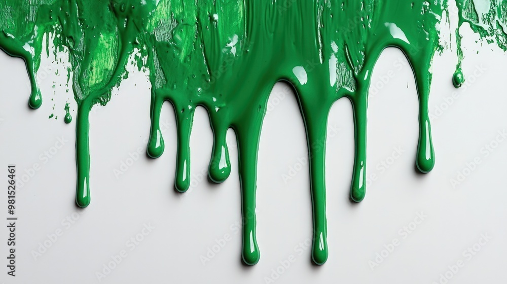 Naklejka premium Green paint dripping down a white surface.