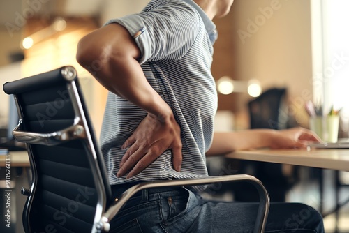 Young Professional Suffering from Lower Back Pain and Discomfort Due to Poor Office Posture.