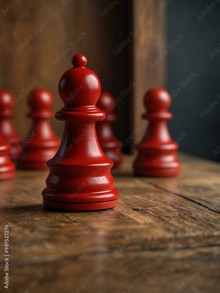 Red pawn on a wooden chessboard, representing competition and strategy. Red pawn on a wooden chessboard, representing competition and strategy.