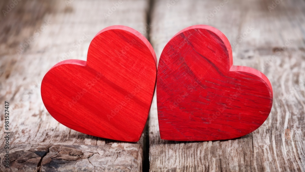 Bright red wooden hearts placed on a wooden surface in a rustic style. With a place to copy the text. Bright red wooden hearts placed on a wooden surface in a rustic style. With a place to copy the text.