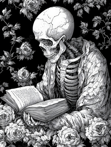 Ink Illustration of a Skeleton Reading a Book Surrounded by Flowers
 photo