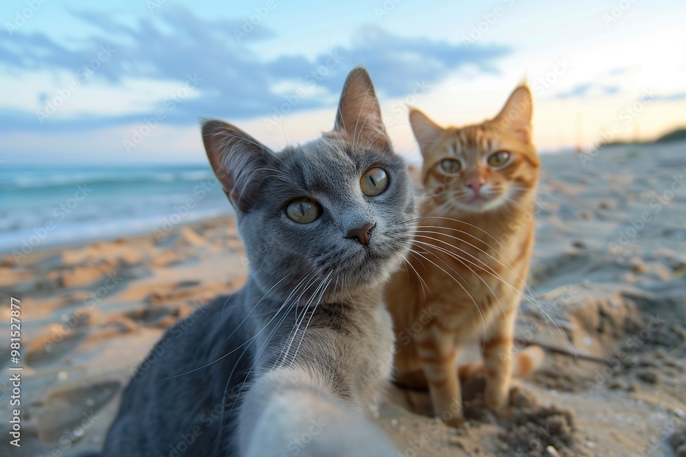 Cute grey and ginger cats making selfie photo on beach sand Cute grey and ginger cats making selfie photo on beach sand