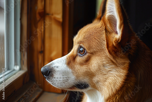 Cute corgi dog looking out the window