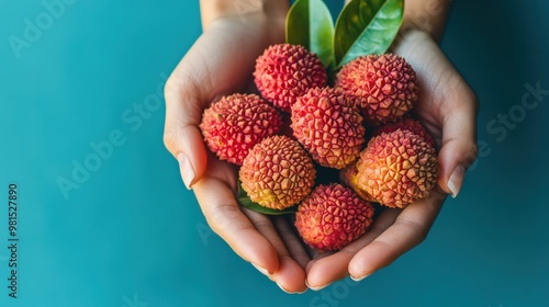 Close-up of hands holding fresh lychees with green leaves on a blue background. photo