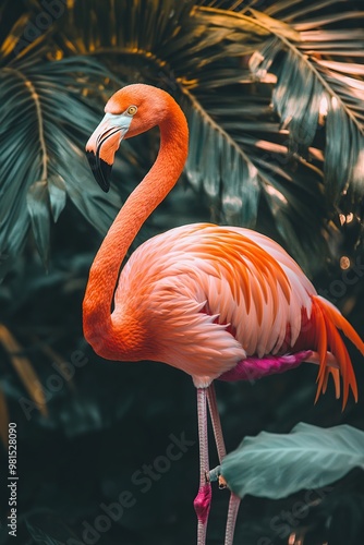 Flamingo standing in clear water with sunlights on blurred background