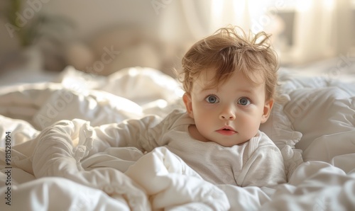 A curious baby boy lying in a cozy, sunlit bedroom, surrounded by soft blankets. Free copy space for text.