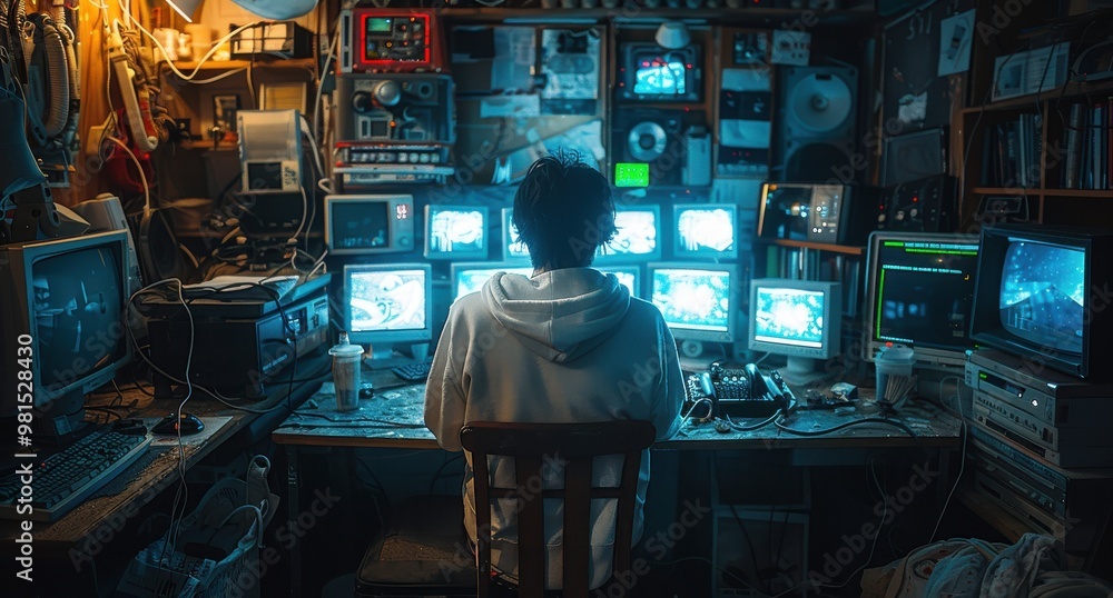 A focused individual in a dark room engages in computer hacking surrounded by glowing monitors and technical equipment A focused individual in a dark room engages in computer hacking surrounded by glowing monitors and technical equipment