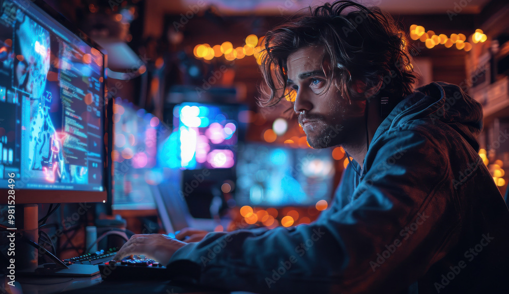 A hacker in a dark hoodie working on a computer surrounded by multiple monitors in a dimly lit room at night A hacker in a dark hoodie working on a computer surrounded by multiple monitors in a dimly lit room at night