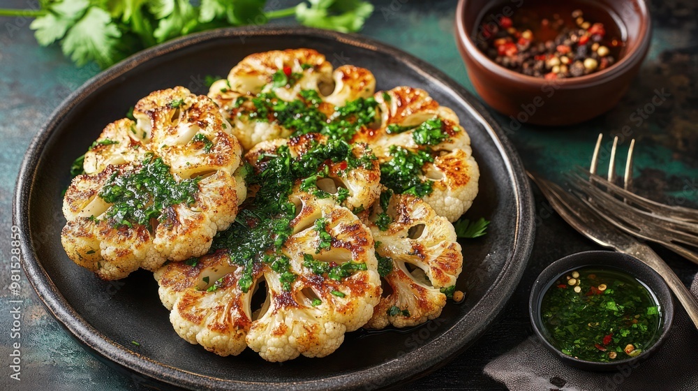 Cauliflower steaks with chimichurri sauce and butter bean puree, Cauliflower steaks served on a modern, minimalist plate. Cauliflower steaks with chimichurri sauce and butter bean puree, Cauliflower steaks served on a modern, minimalist plate.