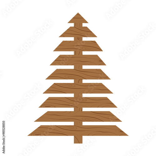 Handmade eco Christmas tree from wooden planks. Creative ecological winter holidays decoration isolated on white. Vector flat design element. Zero waste, plastic free concept