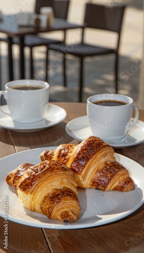 Scrumptious croissant and rich coffee on a trendy city coffee table in an outdoor setting