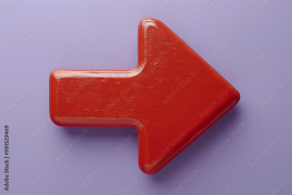 A glossy red arrow shape is prominently displayed, pointing right on a smooth light purple surface, highlighting a vibrant contrast and simple design. A glossy red arrow shape is prominently displayed, pointing right on a smooth light purple surface, highlighting a vibrant contrast and simple design.