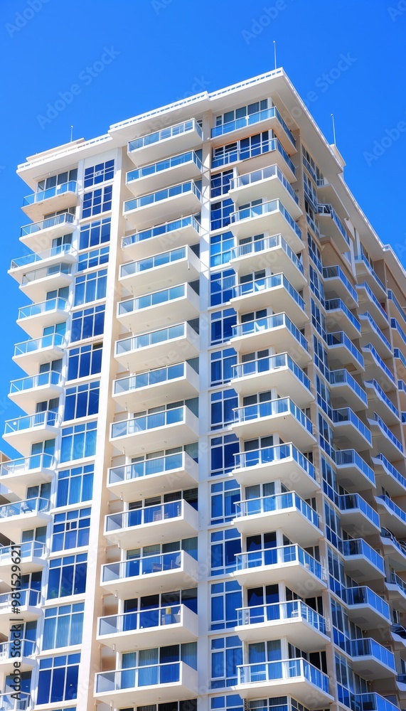 Modern high rise apartment building with clear blue sky, ideal for text placement on the right Modern high rise apartment building with clear blue sky, ideal for text placement on the right