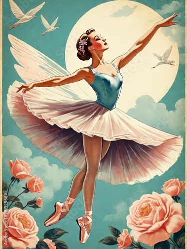 Elegant ballerina in a pastel teal tutu, performing on a vintage stage with sunburst lighting. Perfect for dance lovers, art prints, and décor. Feminine, graceful, and nostalgic.