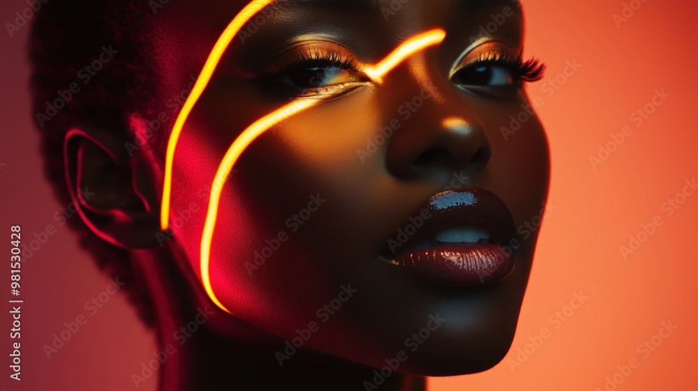A woman with a dark complexion and a red background. The woman is wearing a lot of makeup and has a very striking look A woman with a dark complexion and a red background. The woman is wearing a lot of makeup and has a very striking look