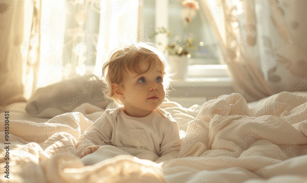 Adorable baby girl lying on a white bed, bathed in soft morning sunlight, looking curious. Free copy space for text. Adorable baby girl lying on a white bed, bathed in soft morning sunlight, looking curious. Free copy space for text.