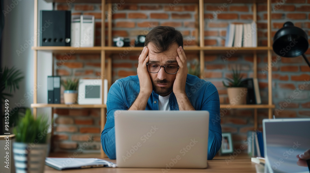 A stressed man sits at his desk with his hands on his head while working on a laptop in a cozy home office setting during the day A stressed man sits at his desk with his hands on his head while working on a laptop in a cozy home office setting during the day
