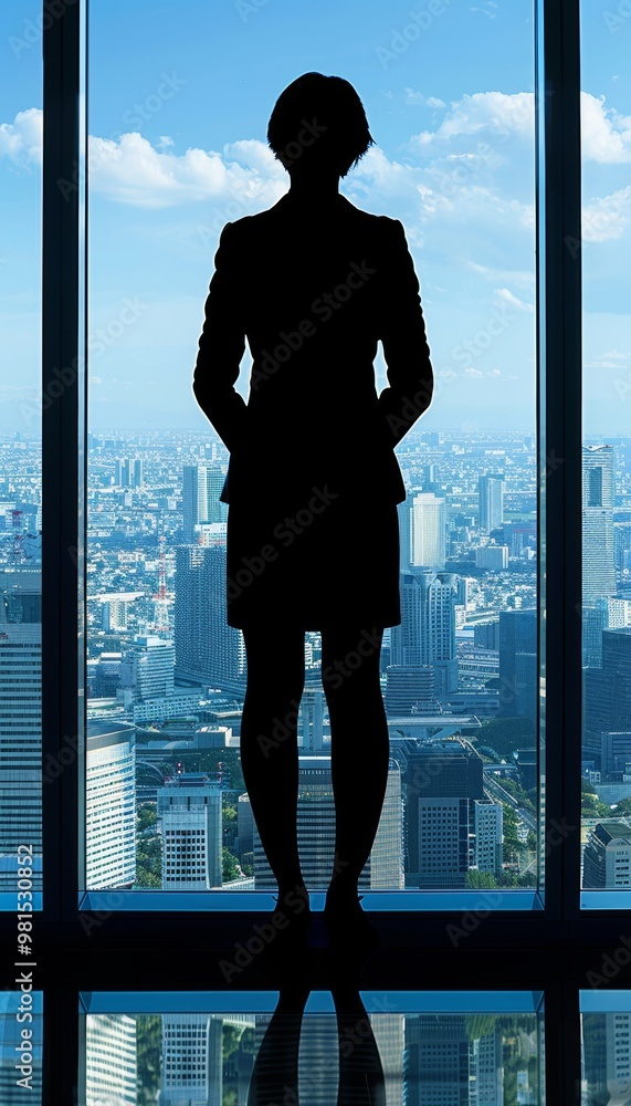 Silhouette gazing at cityscape from high rise office with ample space for text placement Silhouette gazing at cityscape from high rise office with ample space for text placement