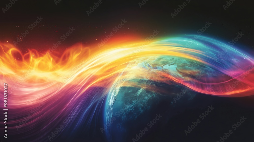 Obraz premium A colorful swirl of light and fire with a planet in the middle. The planet is surrounded by a rainbow of colors and the fire is in the background